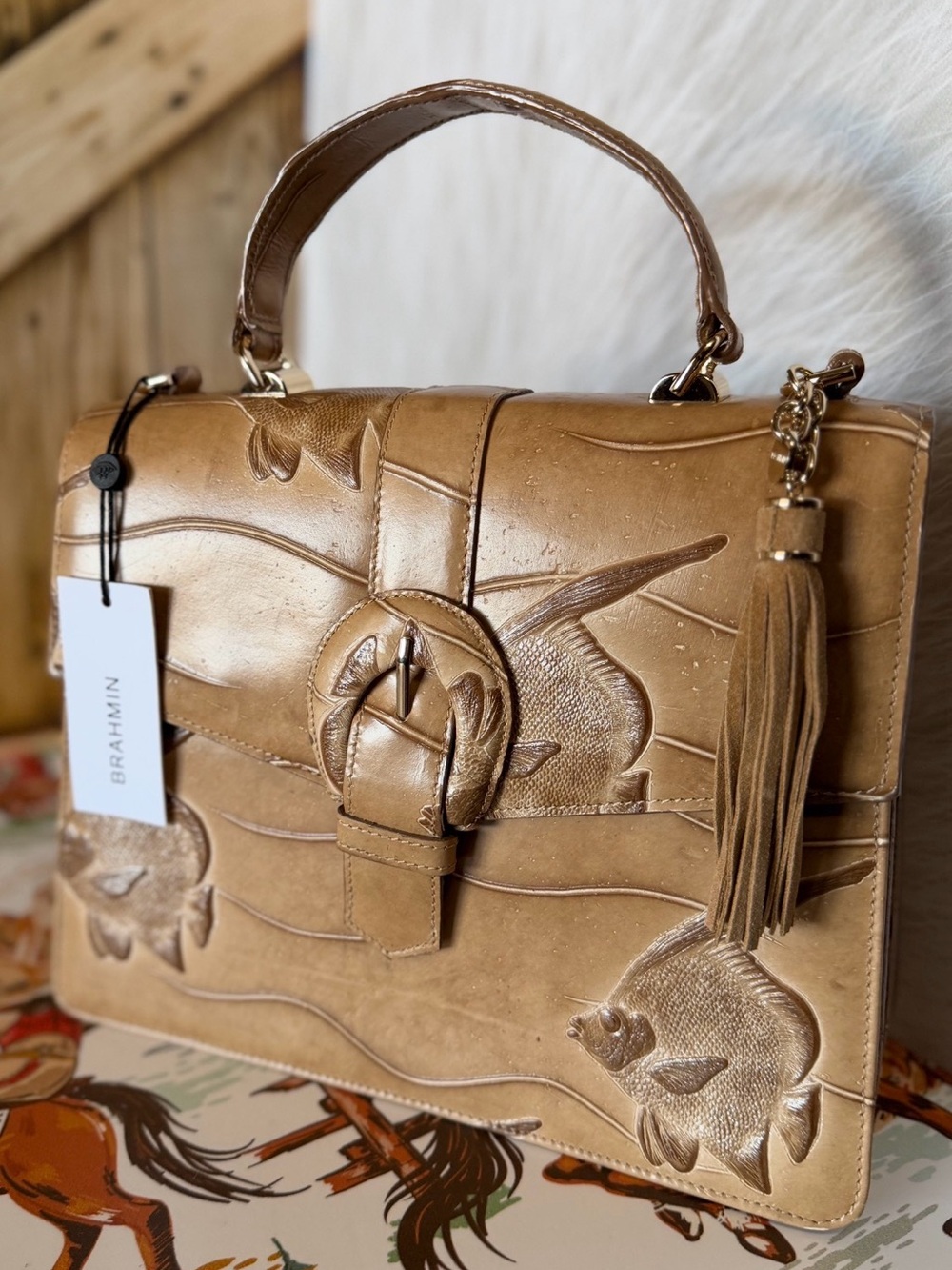 Brahmin Gabriella Palm House Fish Leather Satchel Tan ONE OF A KIND HTF NWT